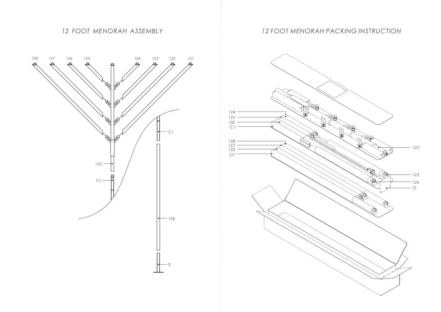 12-foot Menorah assembly diagram and packing instructions