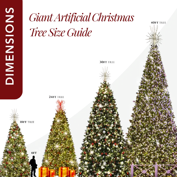 Giant Artificial Christmas Tree Size Guide with trees of different heights and decorative styles.