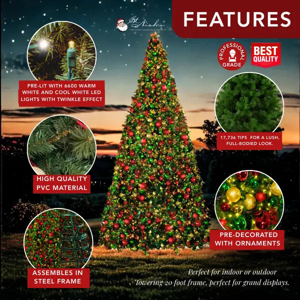 20FT Giant Artificial Pre decorated Red/Green/Gold Ornaments with Warm/Cool White 5MM Twinkle Frame Trees