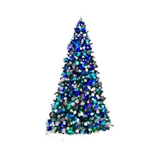 Decorated Christmas tree with ornaments and green lights