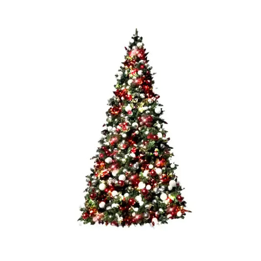 Decorated Christmas tree with red, white, and silver ornaments on a white background