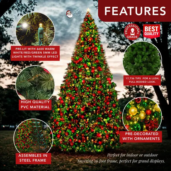 26ft Giant Christmas Tree Warm White 5MM Twinkle and Red-Green-Gold-Ornaments
