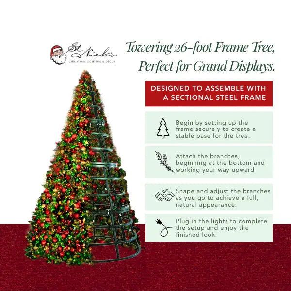 26ft Giant Christmas Tree Warm White 5MM Twinkle and Red-Green-Gold-Ornaments