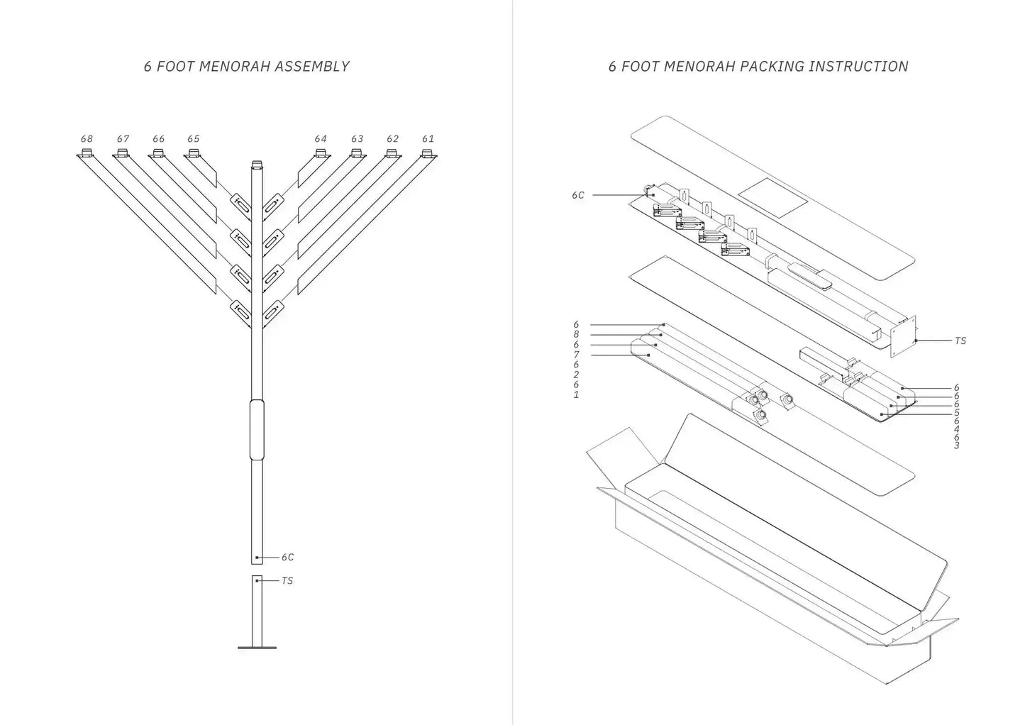6-foot Menorah assembly and packing instruction diagram