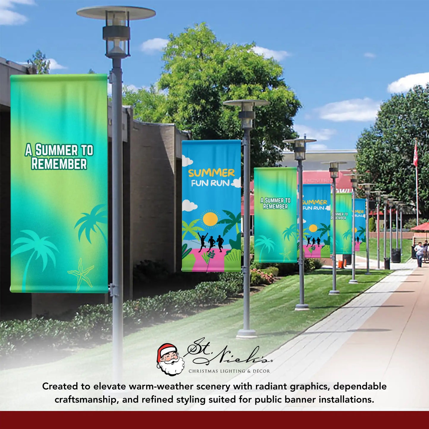 A Summer to Remember green street banners lining walkway with tropical palm graphics