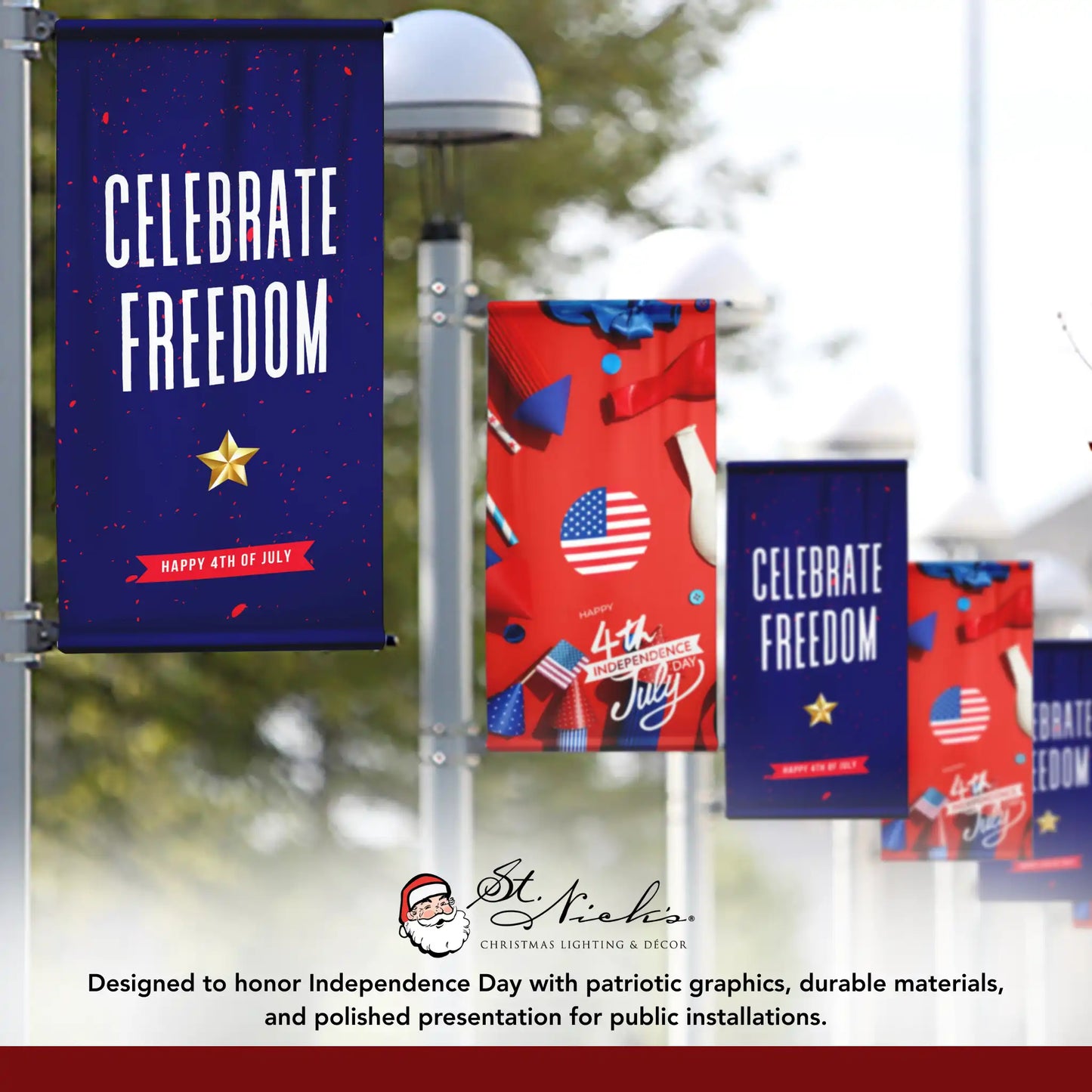Celebrate Freedom 4th of July pole banner displayed alongside complementary patriotic banner designs
