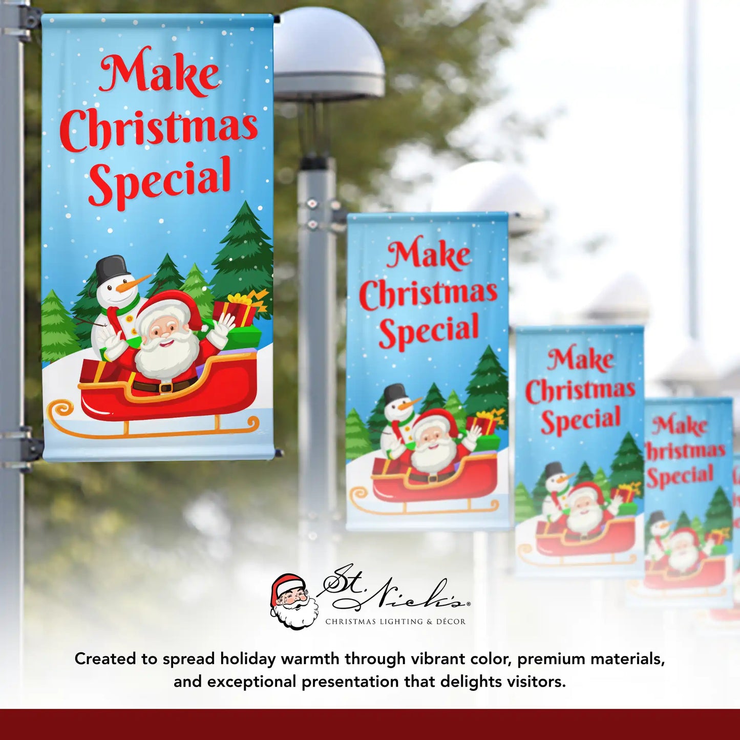 Make Christmas Special Christmas pole banner displayed alongside complementary Christmas banner designs