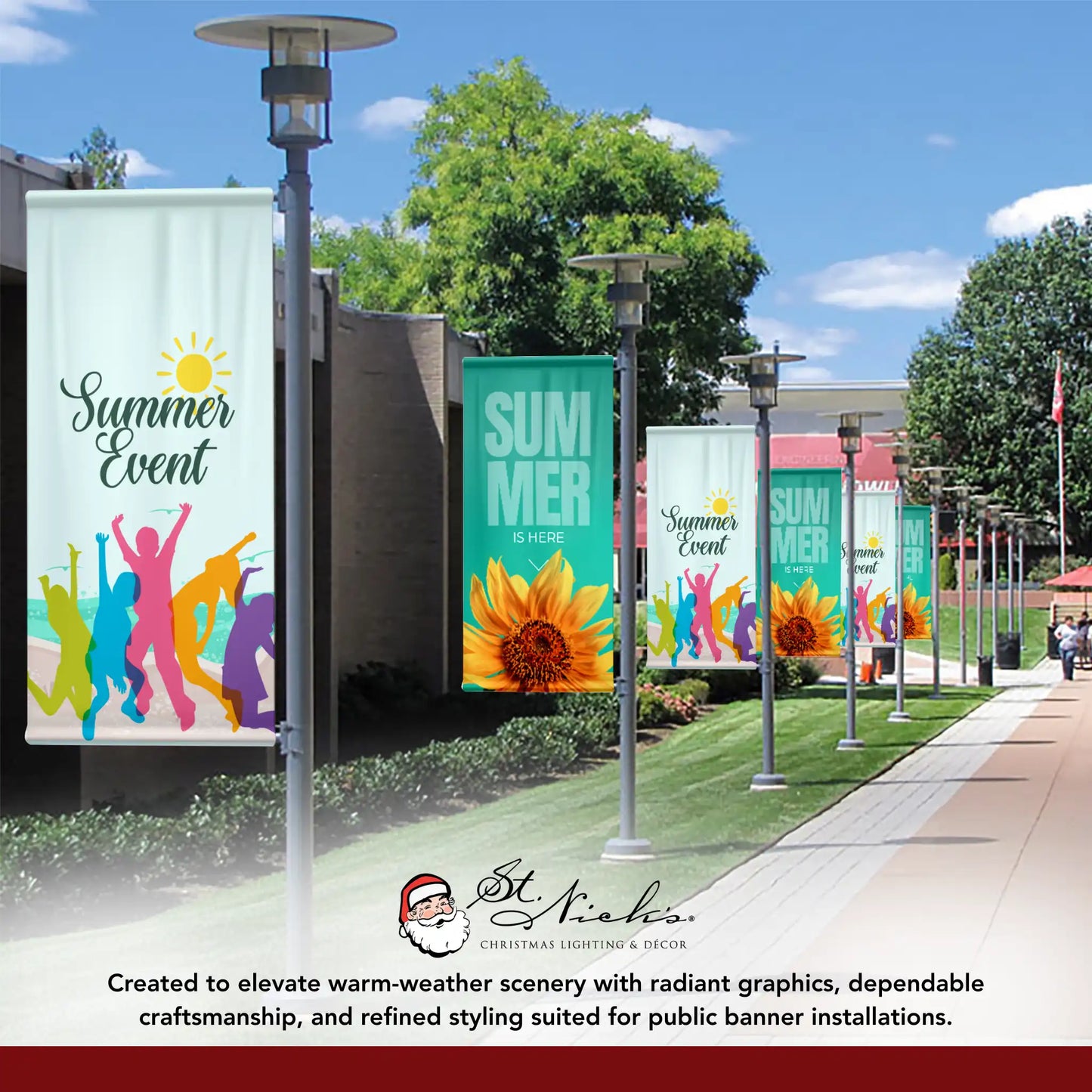 Summer Event light blue street banners lining walkway with coordinated summer event graphics