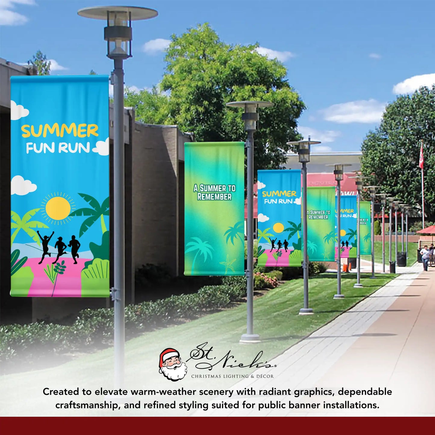 Summer Fun Run blue street banners lining walkway with coordinated event presentation