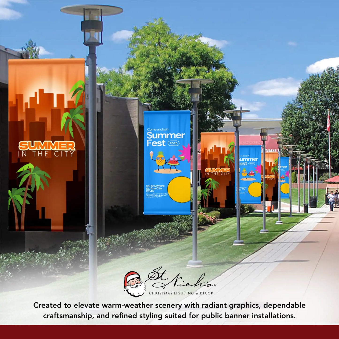 Summer in the City orange street banners lining walkway with coordinated city-themed display