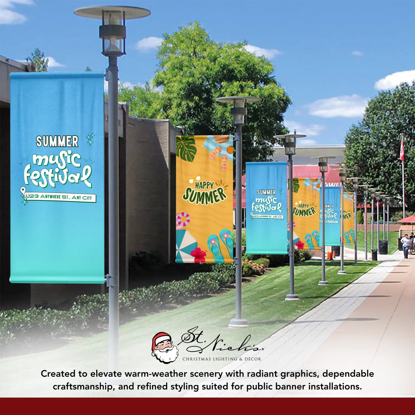 Summer Music Festival blue street banners lining walkway with coordinated public event décor