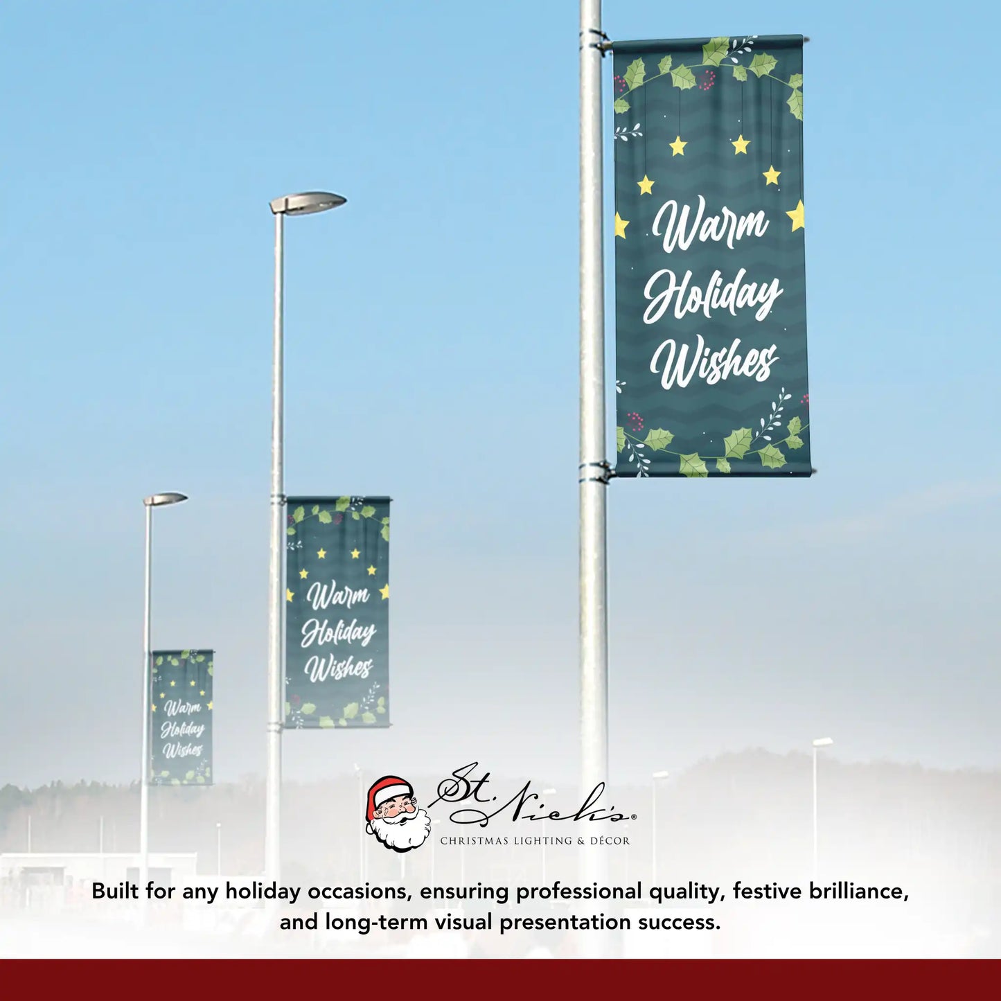 Warm Holiday Wishes Christmas pole banner illuminated outdoors for seasonal street decoration