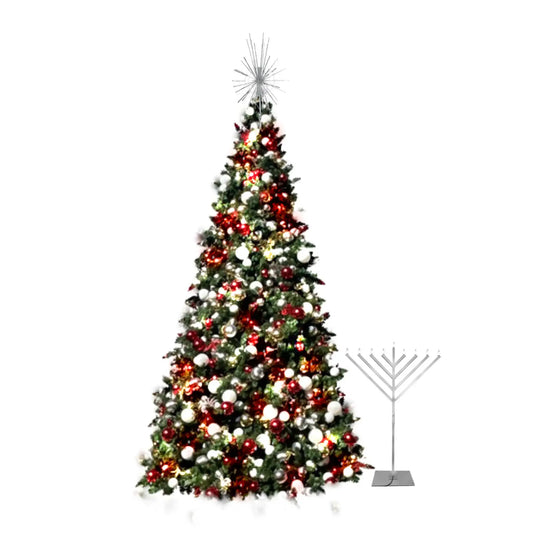 Decorated Christmas tree with red, white, and gold ornaments