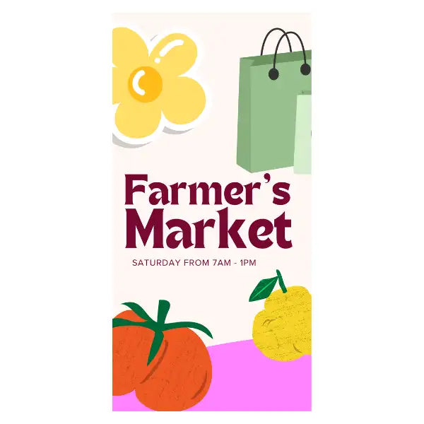 Advertisement for a farmer's market with a shopping bag, flowers, and fruits on a white background.