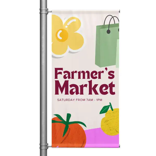 Farmers Market banner with colorful graphics on a white background