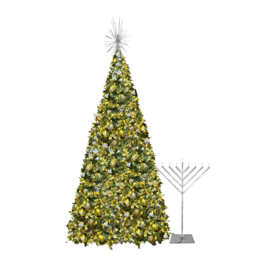 Decorated Christmas tree with lights and a menorah stand