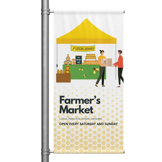 Farmers market banner with illustration of people at a market stand selling honey.