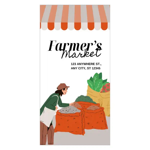 Illustration of a farmer at a market stand with a striped canopy, text for 'Farmer's Market' and address.