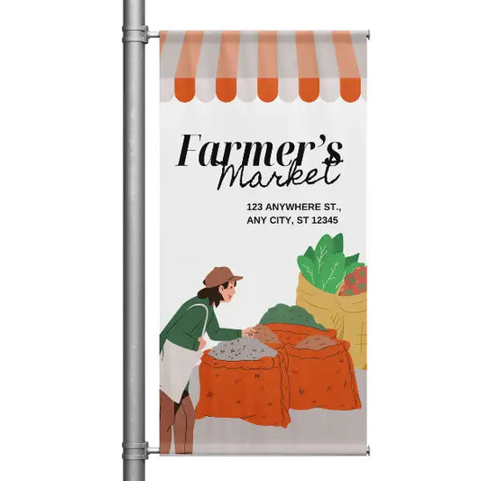 Farmers Market banner with illustration of a person at a market stand