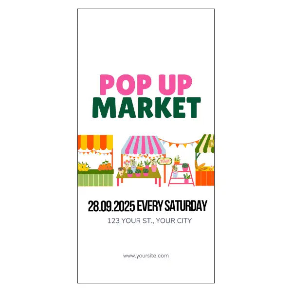 Poster for a pop-up market with colorful market stalls
