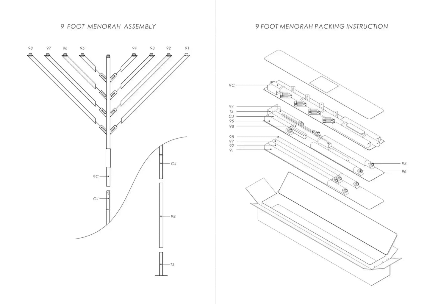 9-foot Menorah assembly and packing instruction diagram