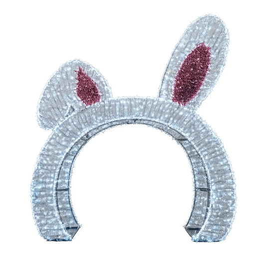 12ft walkthrough Easter bunny arch featuring illuminated white bunny ears with pink accents