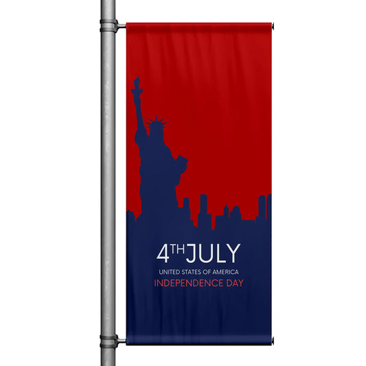 4th of July Independence Day pole banner with red and navy background, Statue of Liberty silhouette, and modern patriotic design