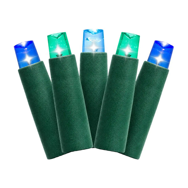 Blue, teal, and aqua twinkle Premium Pro LED mini lights featuring 5MM bulbs with green wire and 6 inch spacing