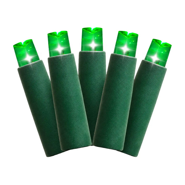 Green twinkle Premium Pro LED mini lights featuring 5MM bulbs with green wire and 6 inch spacing