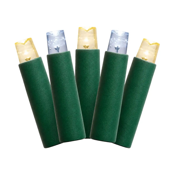 Warm white and cool white static Premium Pro LED mini lights featuring 5MM bulbs with green wire and 6 inch spacing