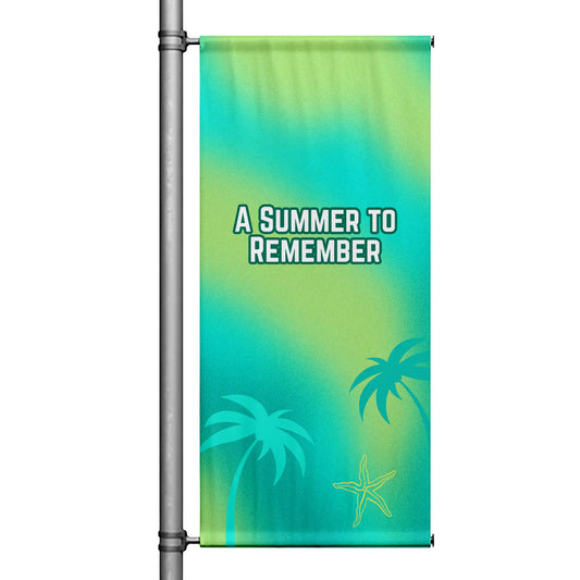 A Summer to Remember green street pole banner with soft gradient background and palm silhouettes