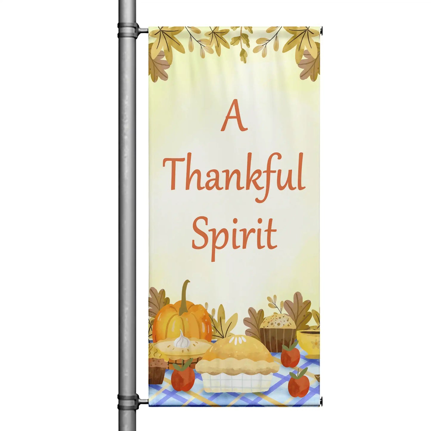 A Thankful Spirit Thanksgiving pole banner with harvest table illustration and fall foliage accents