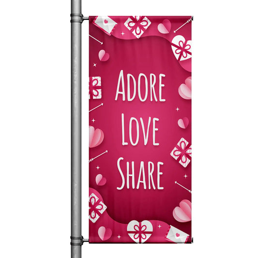 Adore Love Share Valentine pole banner with gift boxes, hearts, and arrow accents