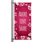 Adore Love Share Valentine pole banner with gift boxes, hearts, and arrow accents