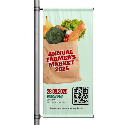 Annual Farmer’s Market 2025 pole banner featuring grocery bag filled with fresh produce, mint green background, and bold market event design