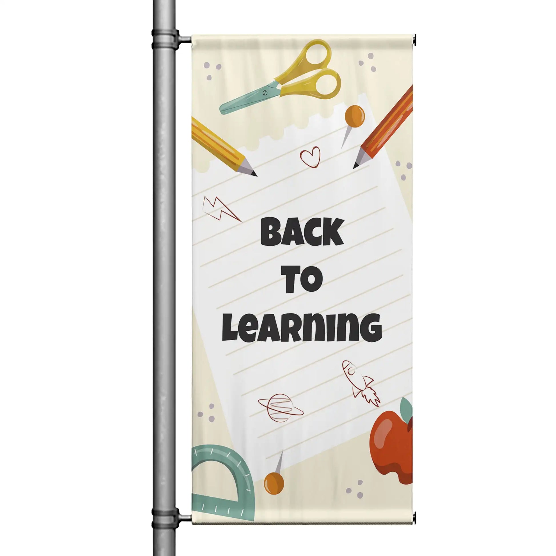 Back to Learning school pole banner with cream background, notebook paper design, pencils, scissors, apple, and playful educational illustrations