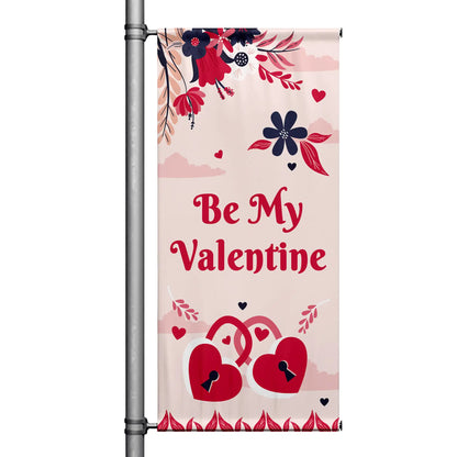 Be My Valentine pink pole banner with floral accents and heart lock design