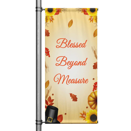 Blessed Beyond Measure Thanksgiving pole banner with sunflower, pumpkin, and falling leaf design