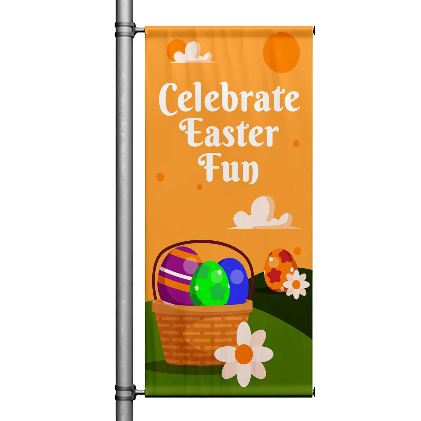 Celebrate Easter Fun Easter pole banner with bright orange background, colorful Easter eggs in basket, and cheerful spring design