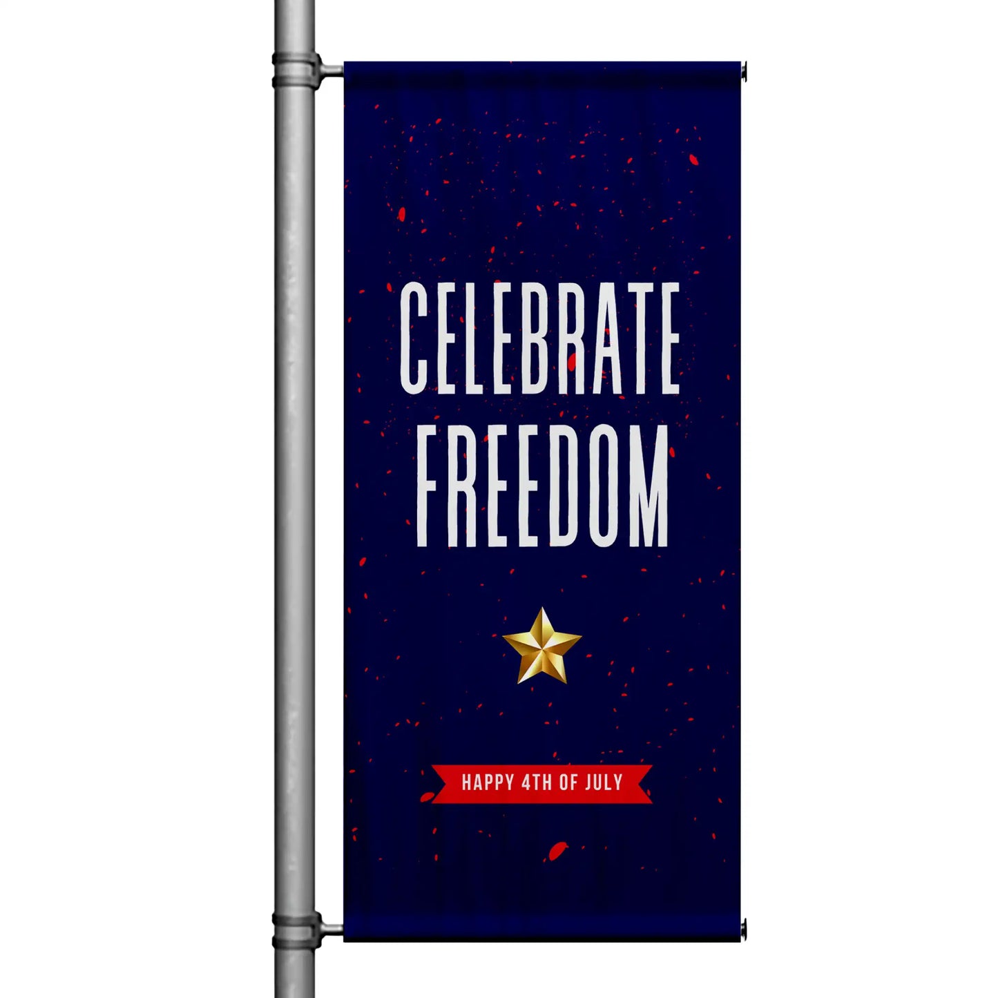 Celebrate Freedom 4th of July pole banner with deep navy background, bold white typography, gold star accent, and patriotic red confetti design