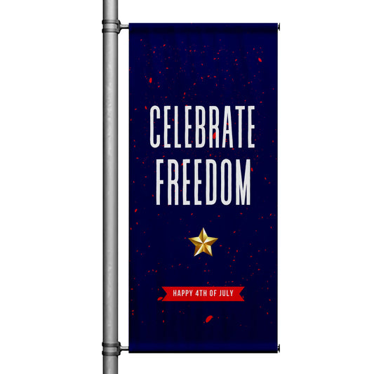 Celebrate Freedom 4th of July pole banner with deep navy background, bold white typography, gold star accent, and patriotic red confetti design