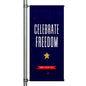 Celebrate Freedom 4th of July pole banner with deep navy background, bold white typography, gold star accent, and patriotic red confetti design