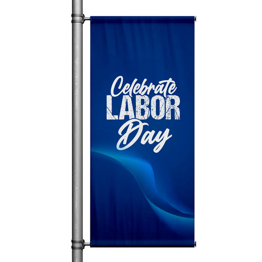 Celebrate Labor Day pole banner with deep blue background, modern wave accents, and bold white script lettering