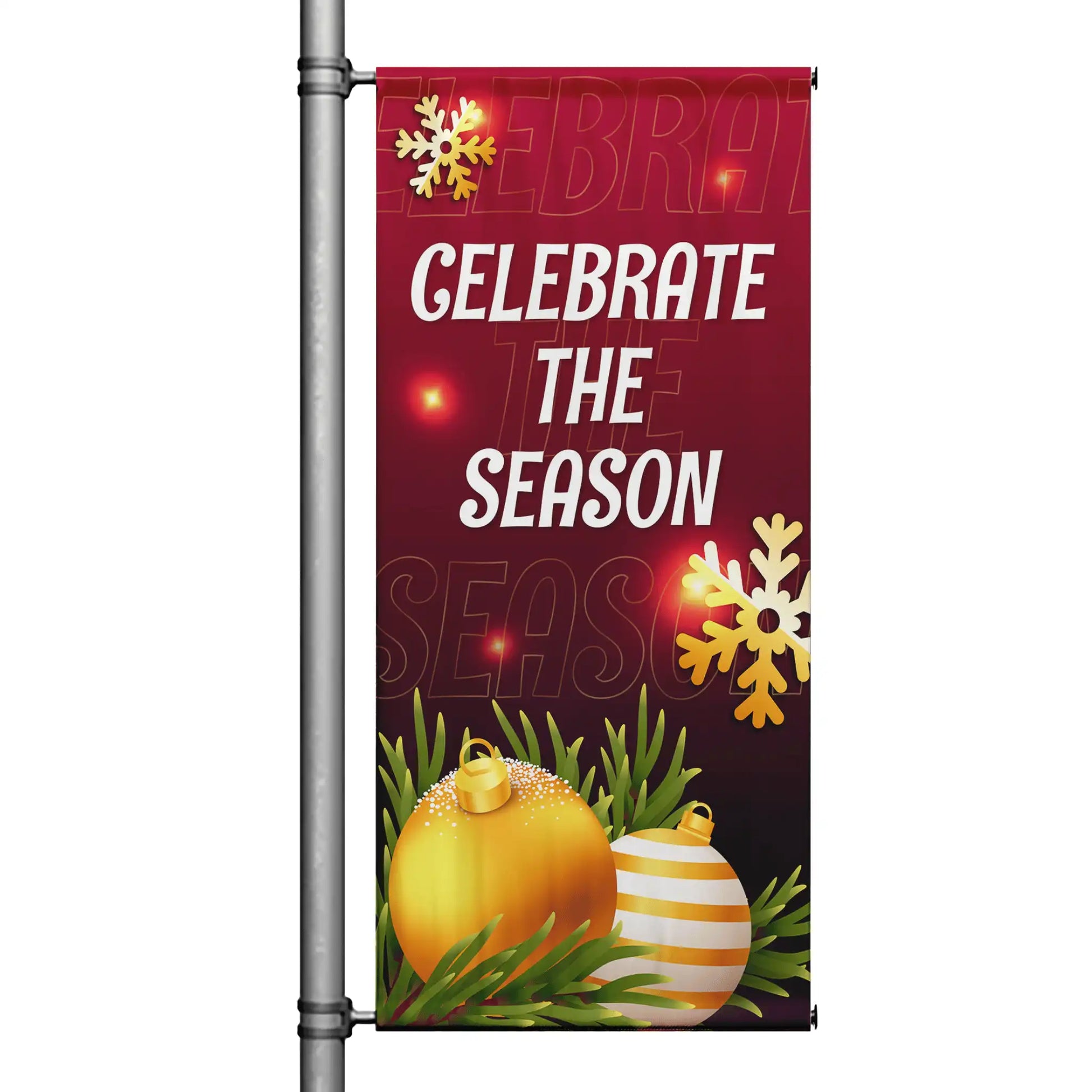 Celebrate the Season Christmas pole banner with rich burgundy background, gold ornaments, snowflakes, evergreen accents, and festive holiday design