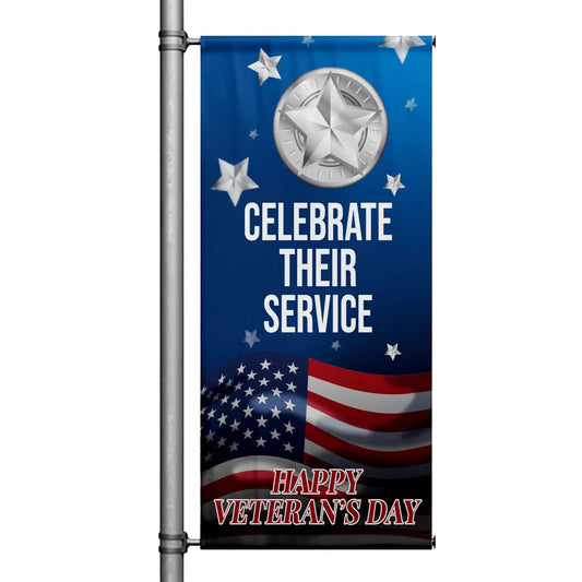 Celebrate Their Service blue street pole banner with silver star emblem and American flag