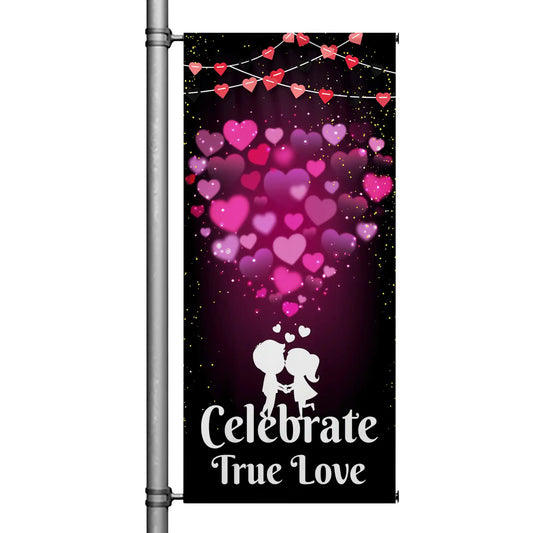 Celebrate True Love Valentine pole banner with glowing heart design and romantic couple silhouette
