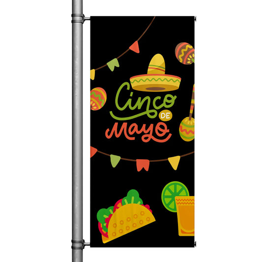 Cinco de Mayo pole banner with sombrero, festive icons, and bold lettering on black background
