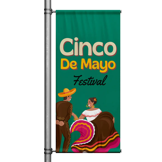 Cinco de Mayo Festival pole banner featuring traditional folklórico dancers on a green background with festive typography