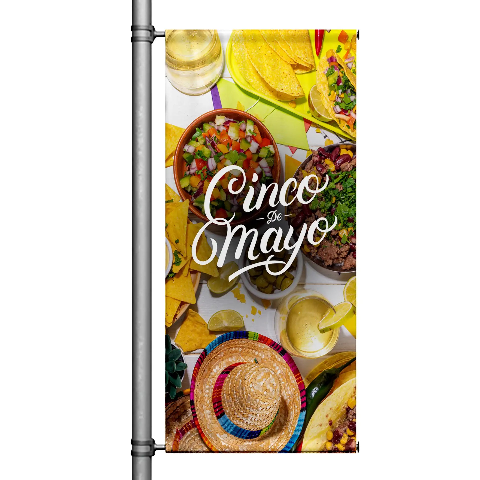 Cinco de Mayo pole banner featuring colorful Mexican food spread with tacos, salsa, chips, margaritas, and festive typography
