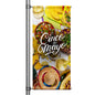 Cinco de Mayo pole banner featuring colorful Mexican food spread with tacos, salsa, chips, margaritas, and festive typography
